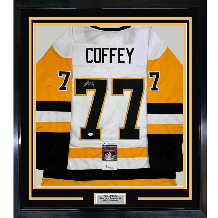 Framed Autographed/Signed Paul Coffey 35x39 Pittsburgh White Jersey JSA COA