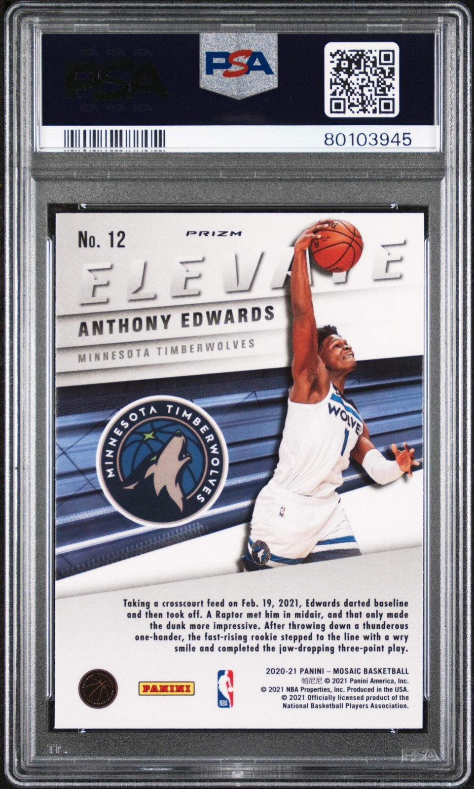 Graded 2020 Mosaic Anthony Edwards #12 Elevate GRN Mosaic Basketball Card PSA 10