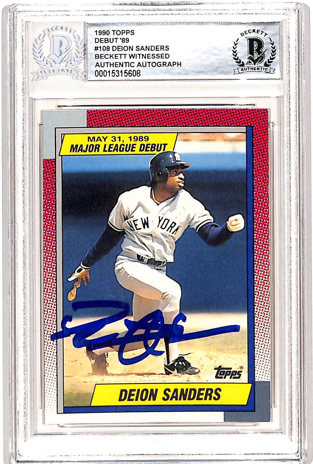 Deion Sanders Signed 1989 Topps Debut #108 Trading Card Beckett 42655