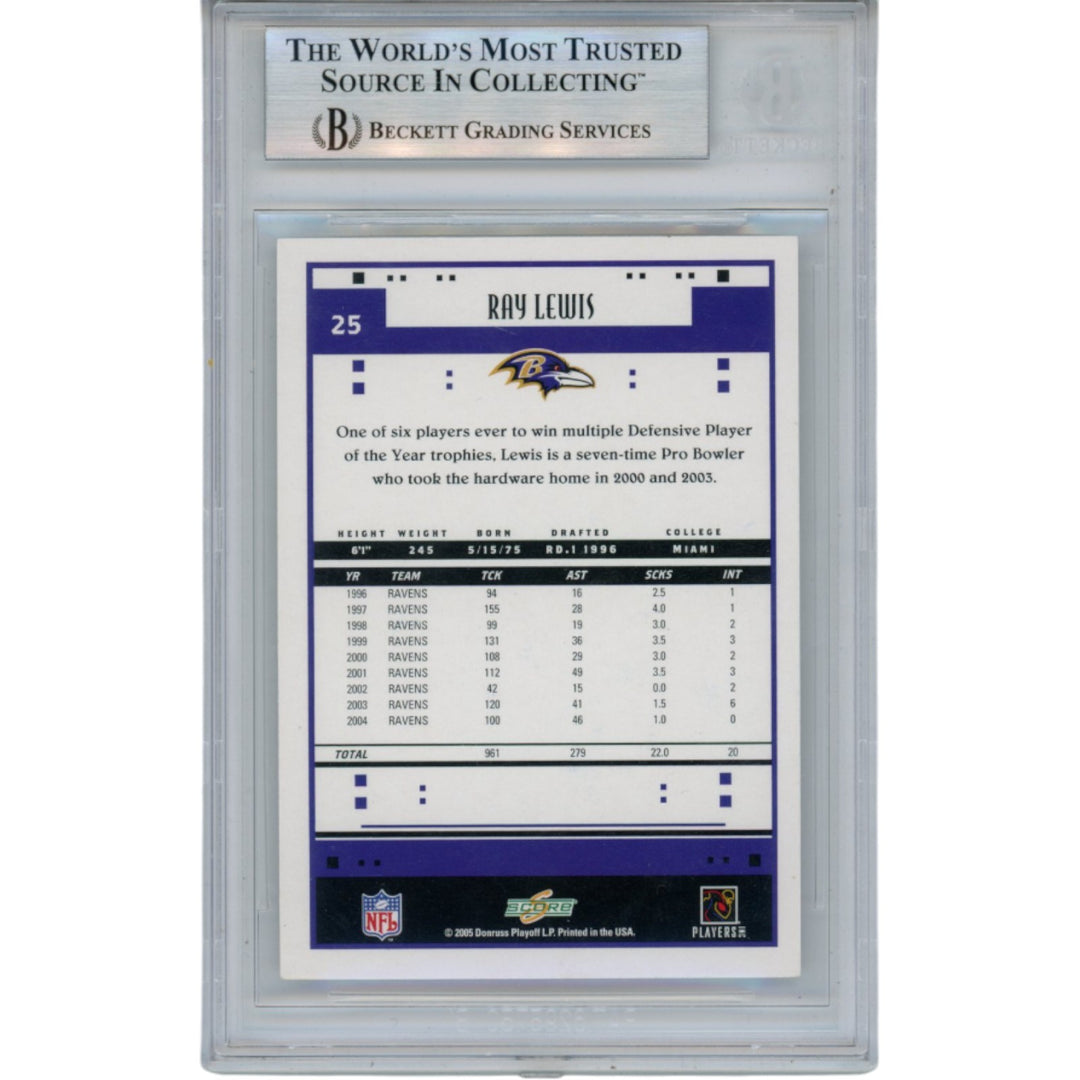 Ray Lewis Autographed/Signed 2005 Score #25 Trading Card Slab Beckett 53476