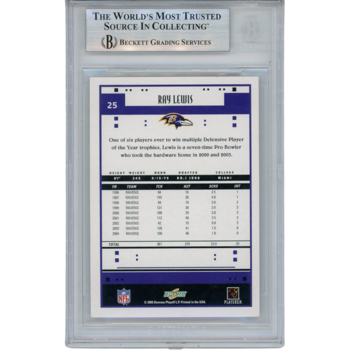 Ray Lewis Autographed/Signed 2005 Score #25 Trading Card Slab Beckett 53476
