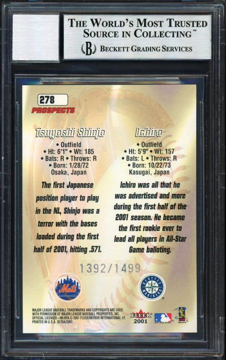 Ichiro Suzuki Signed 2001 Fleer Ultra RC 278 Mariners #1392/1499 Auto 10 Beckett