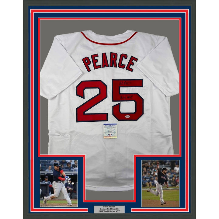 Framed Autographed/Signed Steve Pearce 33x42 18 WS MVP White Jersey PSA COA