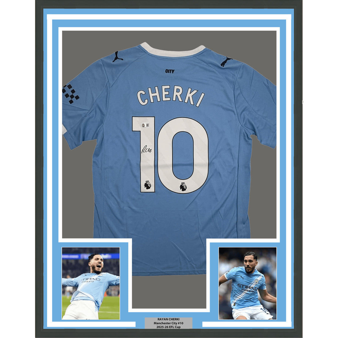 Framed Signed Rayan Cherki 35x39 Manchester City Blue Jersey Beckett COA