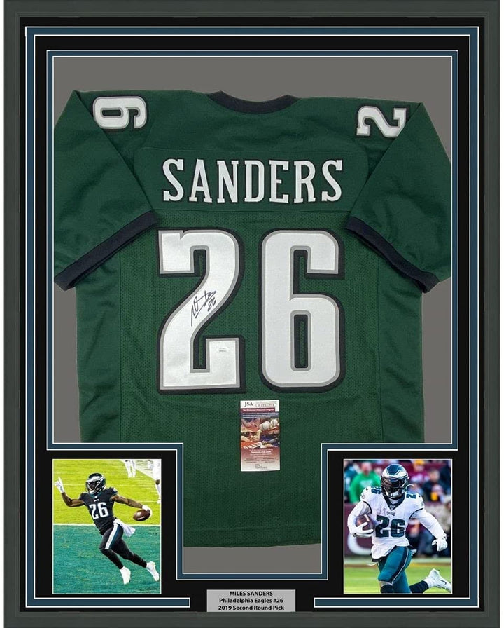 FRAMED Autographed/Signed MILES SANDERS 33x42 Green Football Jersey JSA COA