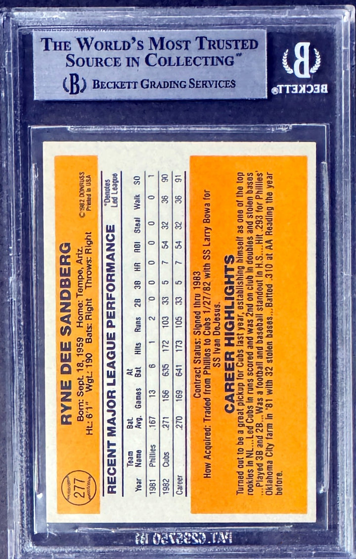 Ryne Sandberg 1983 Donruss Rookie Card (RC) #277- Beckett/BGS Graded 8.5 NM-MT+