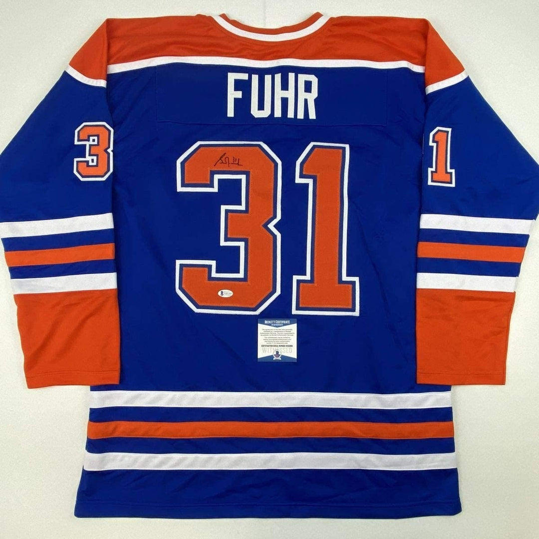 Autographed/Signed GRANT FUHR Edmonton Blue Jersey Beckett BAS COA Auto