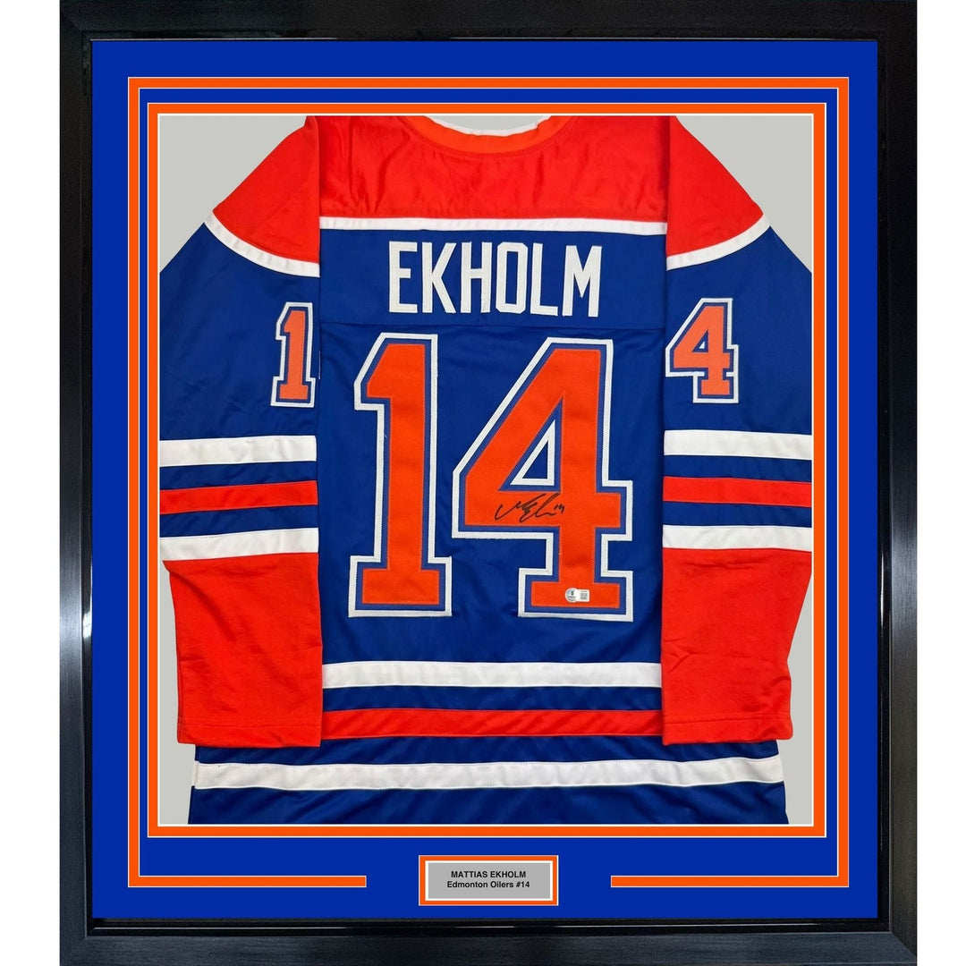 Framed Autographed/Signed Mattias Ekholm 35x39 Edmonton Blue Jersey BAS COA