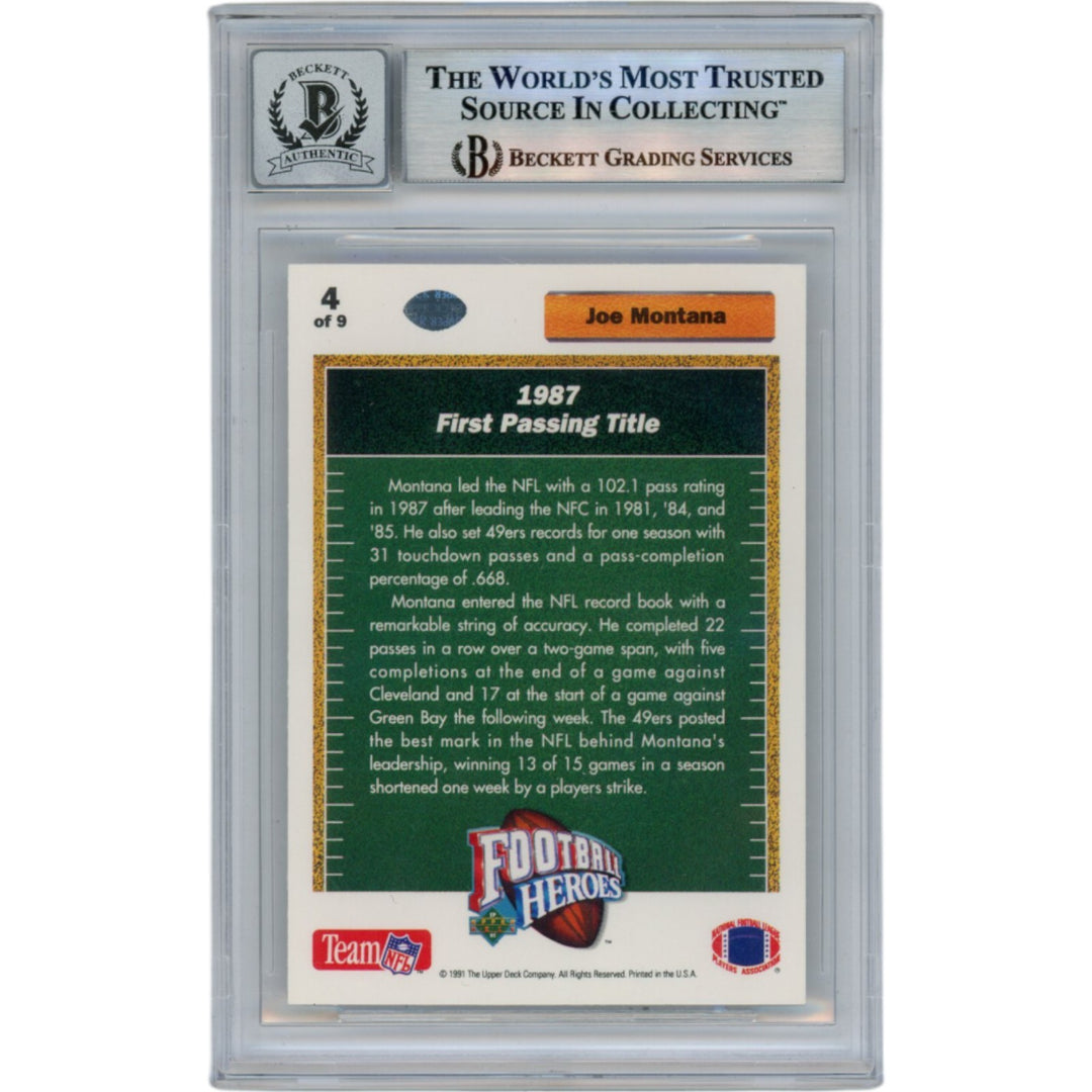 Joe Montana Autographed/Signed 91 Upper Deck #4 Slab Trading Card Beckett 49936