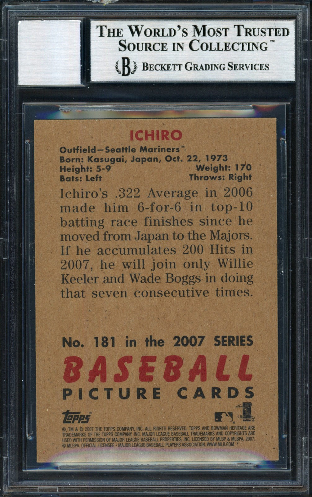 Ichiro Suzuki Auto Signed 2007 Bowman Heritage Card 181 Mariners Auto 10 Beckett