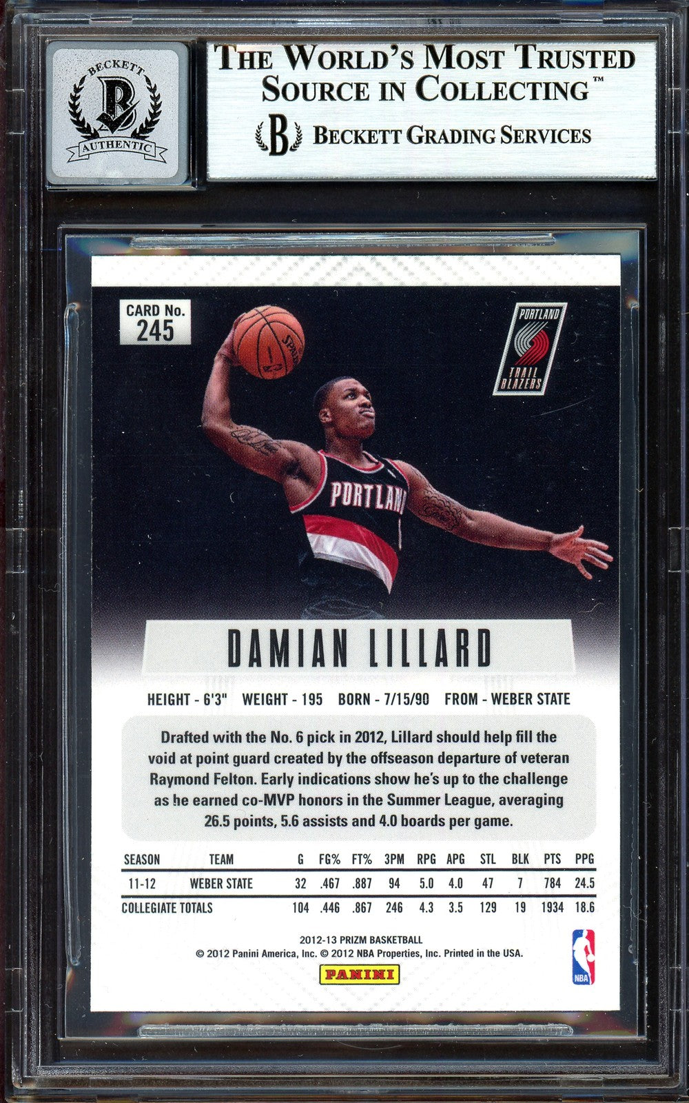 Damian Lillard Auto Signed 2012-13 Panini Prizm RC 245 Sig 10 On Card Beckett