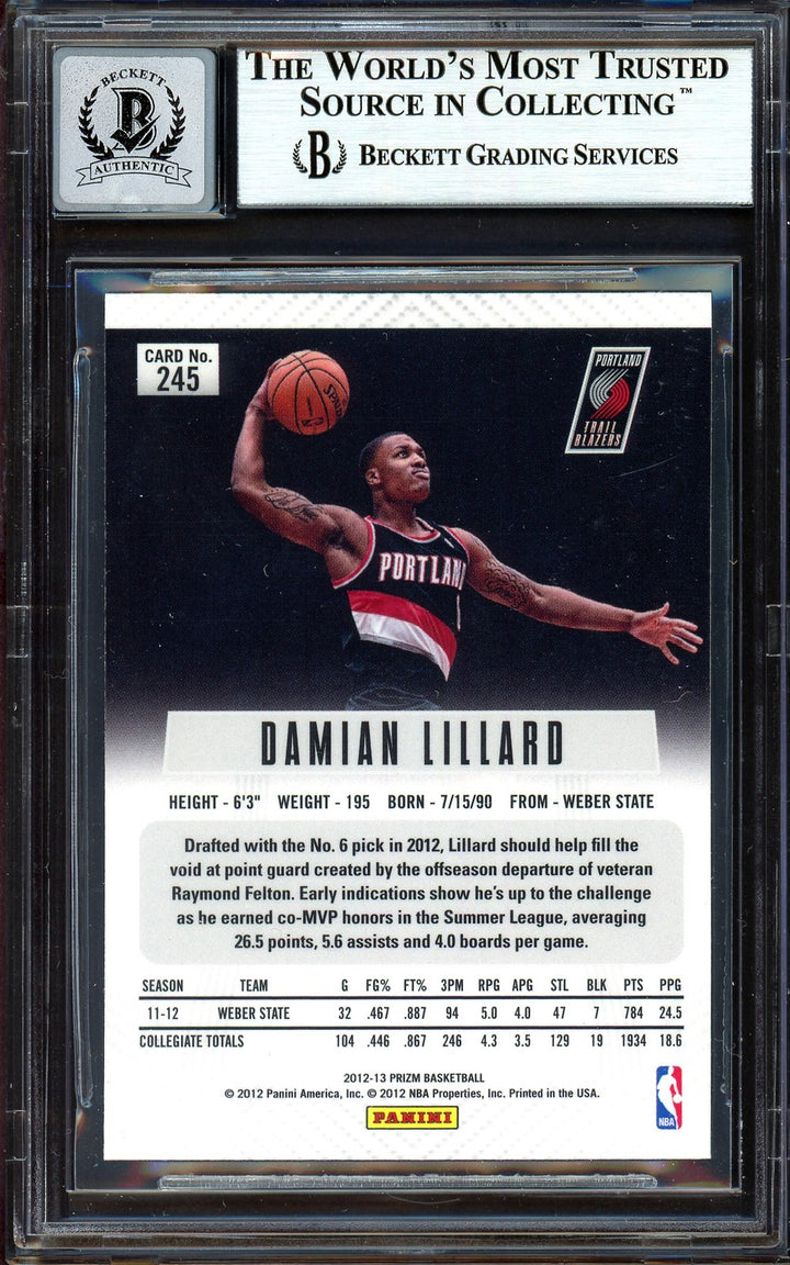 Damian Lillard Auto Signed 2012-13 Panini Prizm RC 245 Sig 10 On Card Beckett