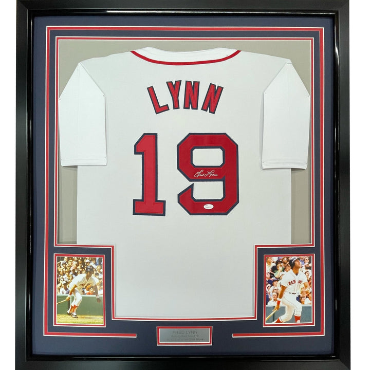 FRAMED Autographed/Signed FRED LYNN 33x42 Boston White Jersey JSA COA