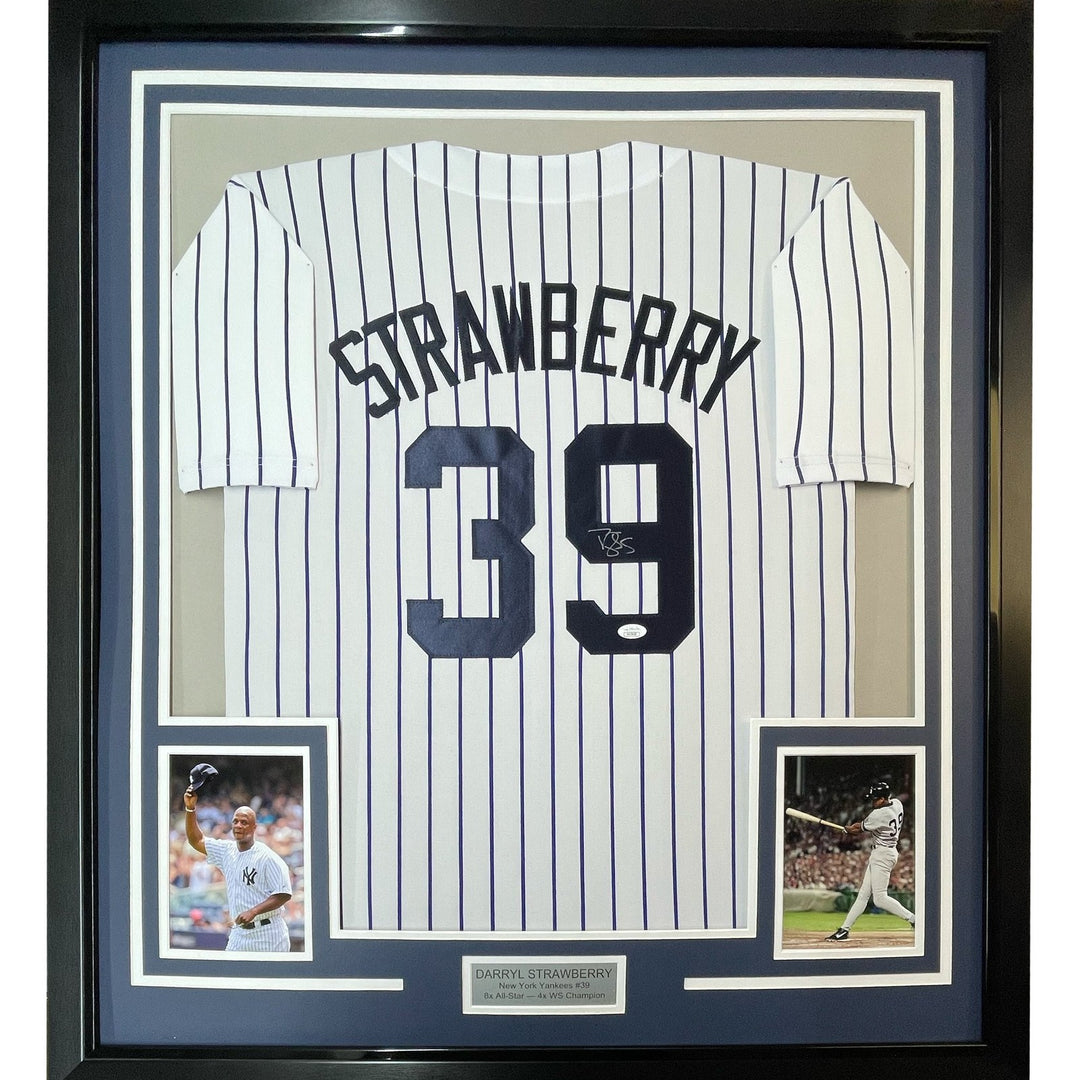 FRAMED Signed DARRYL STRAWBERRY 35x39 NY Pinstripe Jersey JSA COA