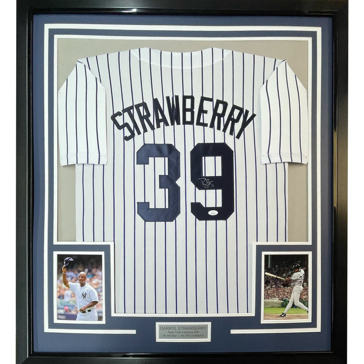 FRAMED Signed DARRYL STRAWBERRY 35x39 NY Pinstripe Jersey JSA COA