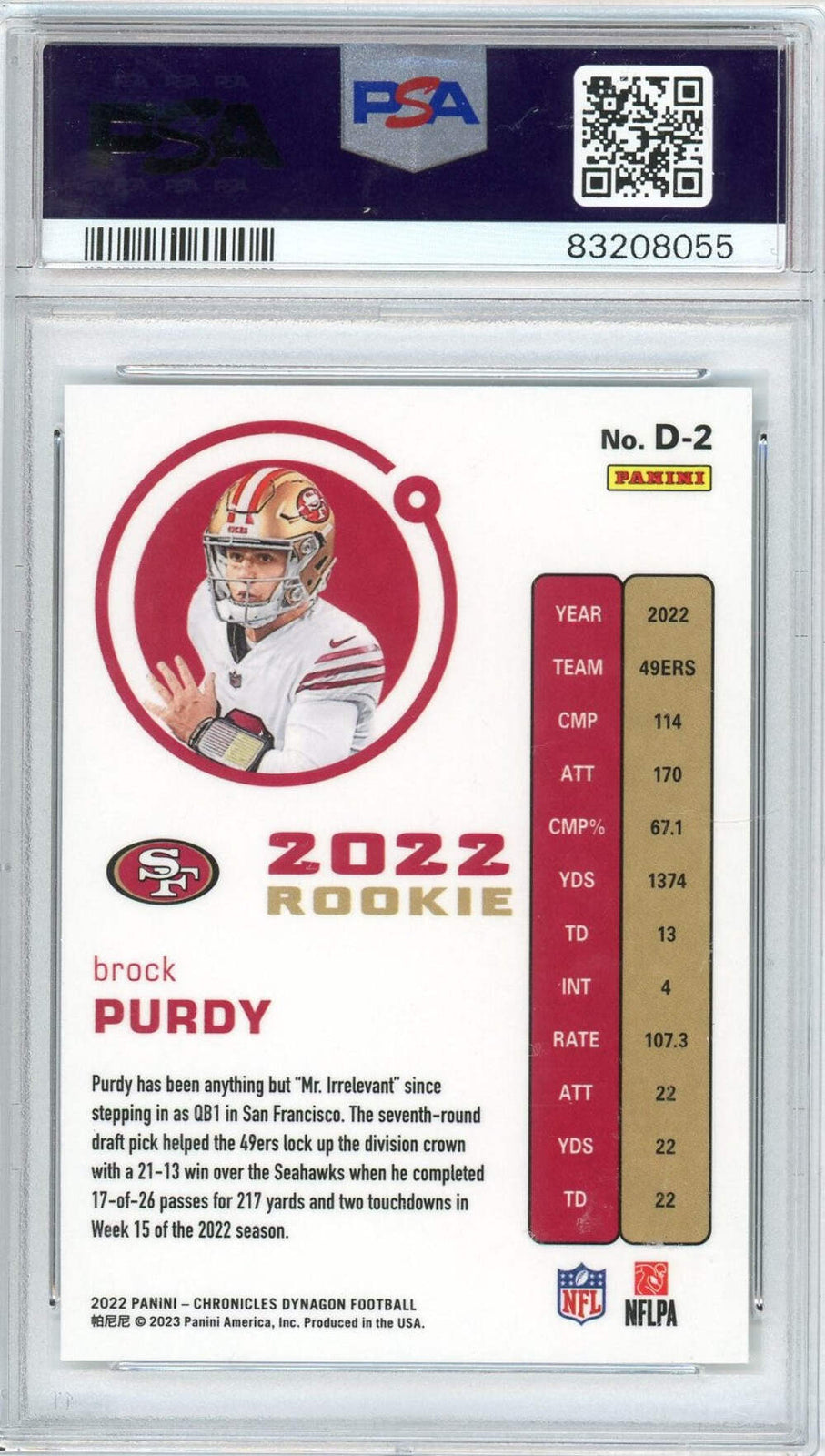 Graded 2022 Panini Chronicles Brock Purdy #D2 Dynagon RC Football Card PSA 10