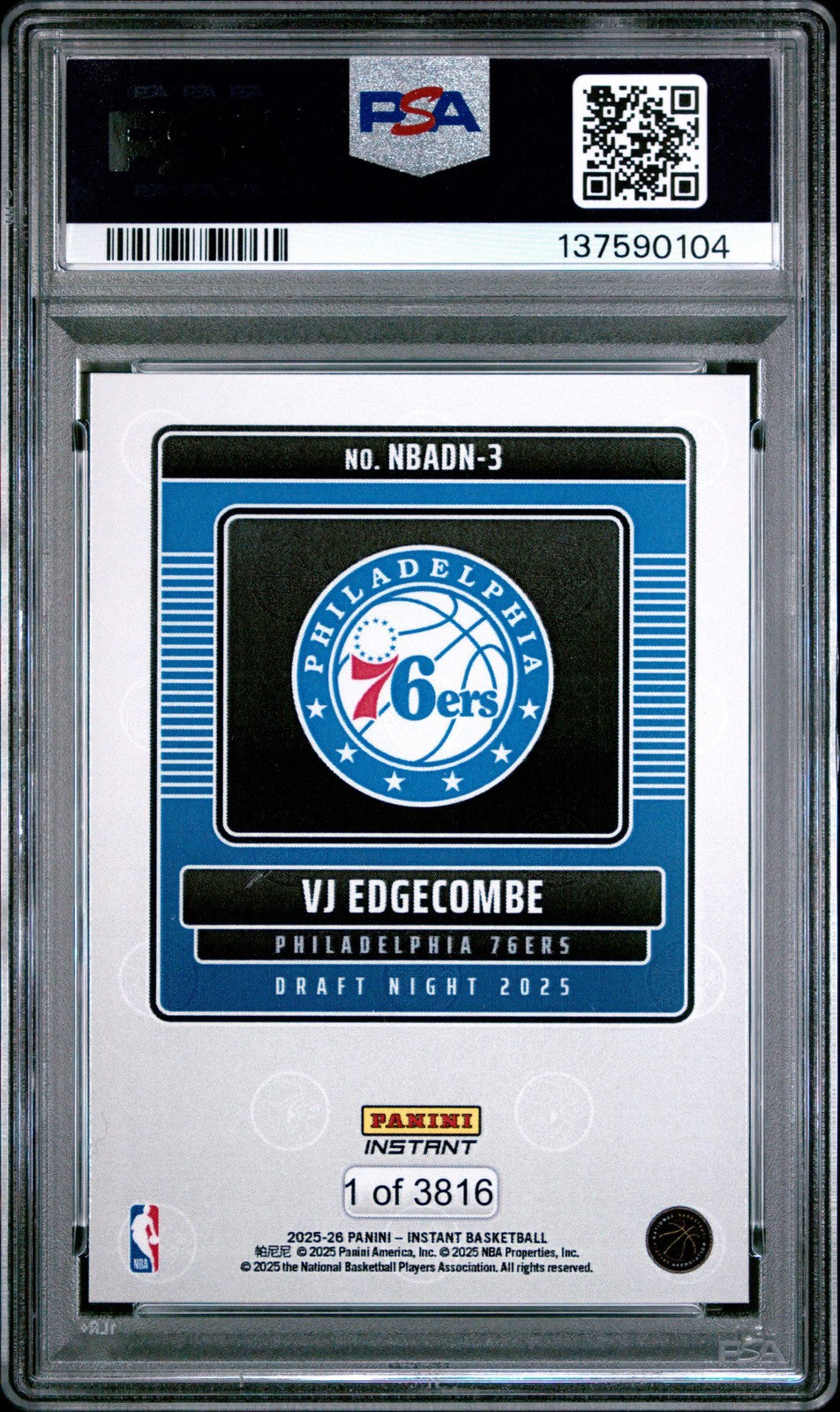 Graded 2025 Panini Instant VJ Edgecombe #3 Rookie RC Basketball Card PSA 10 Mint