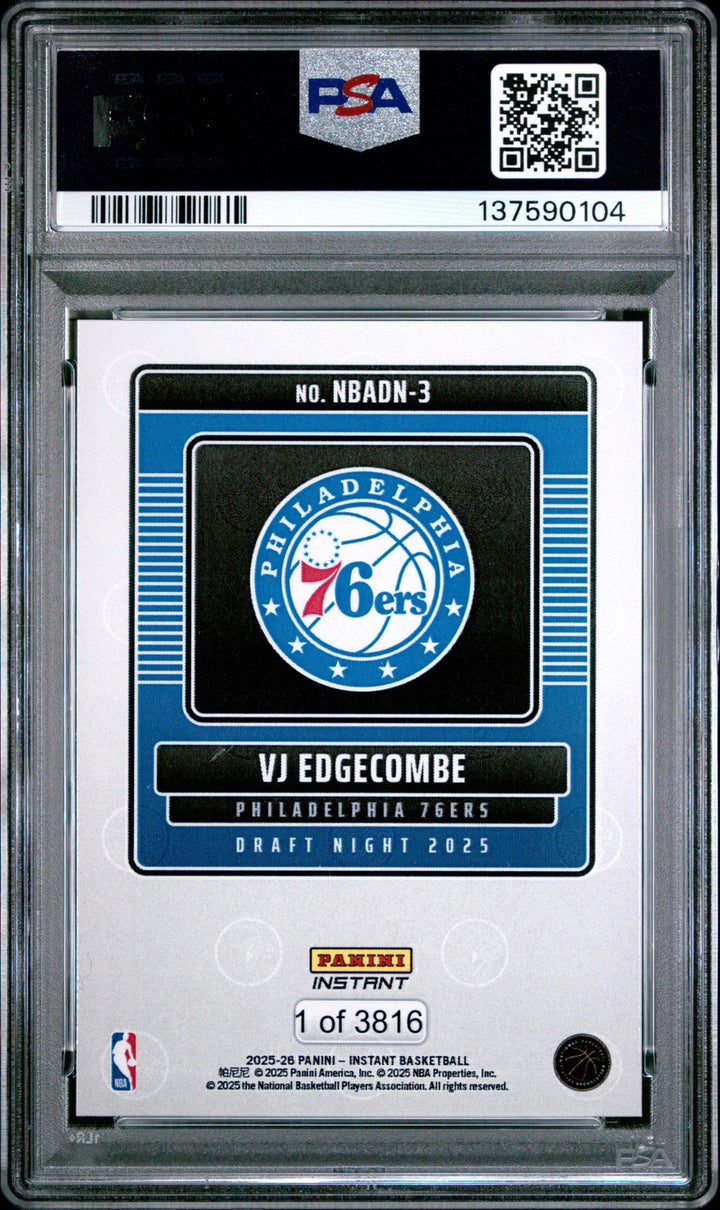 Graded 2025 Panini Instant VJ Edgecombe #3 Rookie RC Basketball Card PSA 10 Mint
