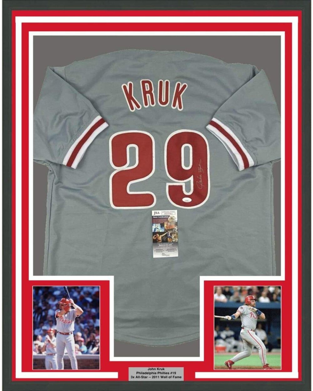 FRAMED Autographed/Signed JOHN KRUK 33x42 Philadelphia Grey Jersey JSA COA Auto
