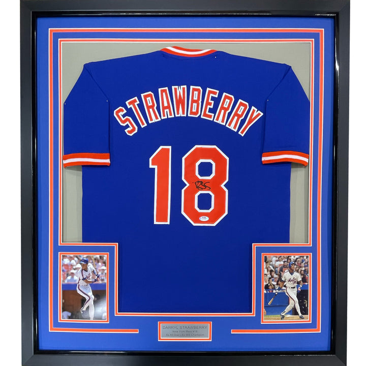FRAMED Autographed/Signed DARRYL STRAWBERRY 33x42 New York Blue Jersey PSA COA