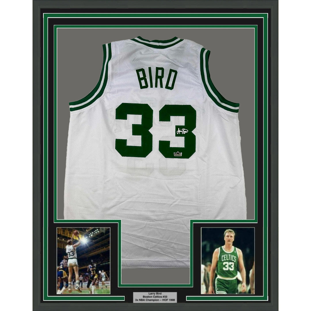 Framed Facsimile Autographed Larry Bird 33x42 White Reprint Laser Auto Jersey