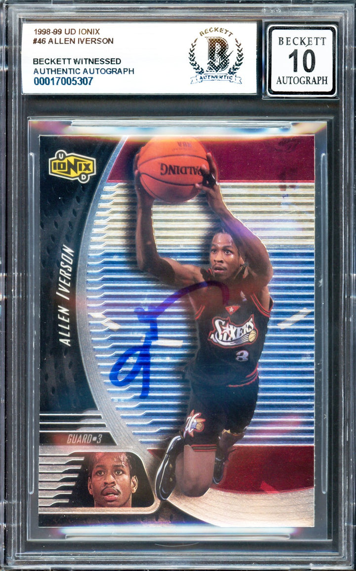 Allen Iverson Signed 1998-99 UD Ionix Card 46 Card 76ers Auto GM 10 Beckett Wit