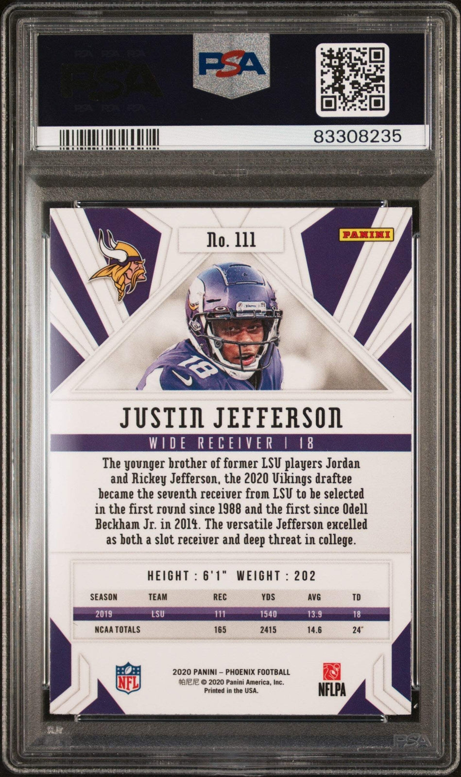 Graded 2020 Panini Phoenix Justin Jefferson #111 Fire Burst Football Card PSA 10