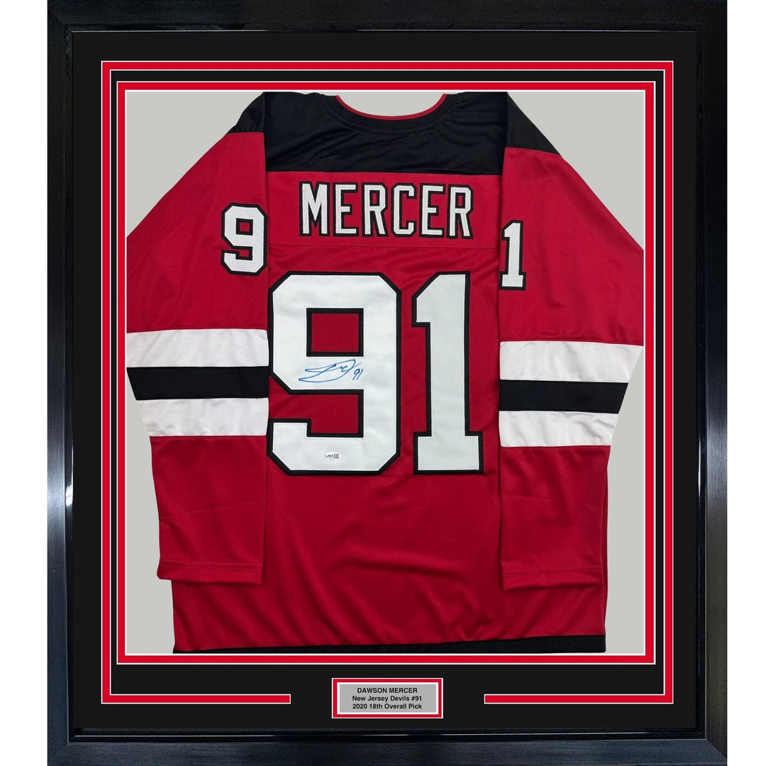 Framed Autographed/Signed Dawson Mercer 35x39 NJ Red Hockey Jersey JSA COA