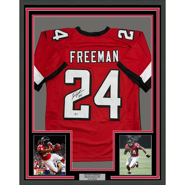 Framed Autographed/Signed Devonta Freeman 35x39 Atlanta Red Jersey BAS COA