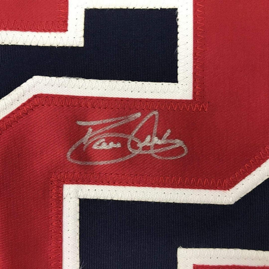 Framed Autographed/Signed David Justice 35x39 Atlanta Blue Jersey JSA COA