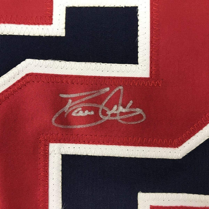Framed Autographed/Signed David Justice 35x39 Atlanta Blue Jersey JSA COA