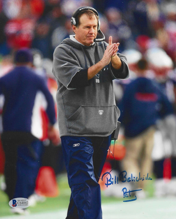 BILL BELICHICK SIGNED AUTOGRAPHED PATRIOTS FOOTBALL 8X10 PHOTO BECKETT BAS