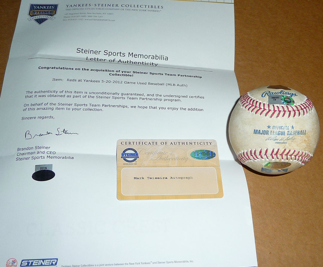 MARK TEIXEIRA SIGNED 5/20/12 GAME USED NEW YORK YANKEES CINCINNATI REDS BASEBALL