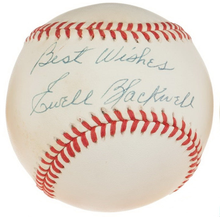 EWELL BLACKWELL SIGNED ONL WHITE BASEBALL CINCINNATI REDS NY YANKEES KC A's PSA*