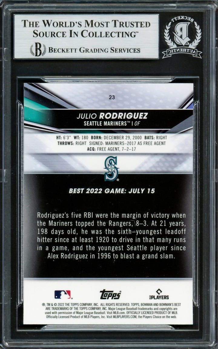 Julio Rodriguez Signed 2022 Bowman's Best RC 23 Seattle Mariners Beckett