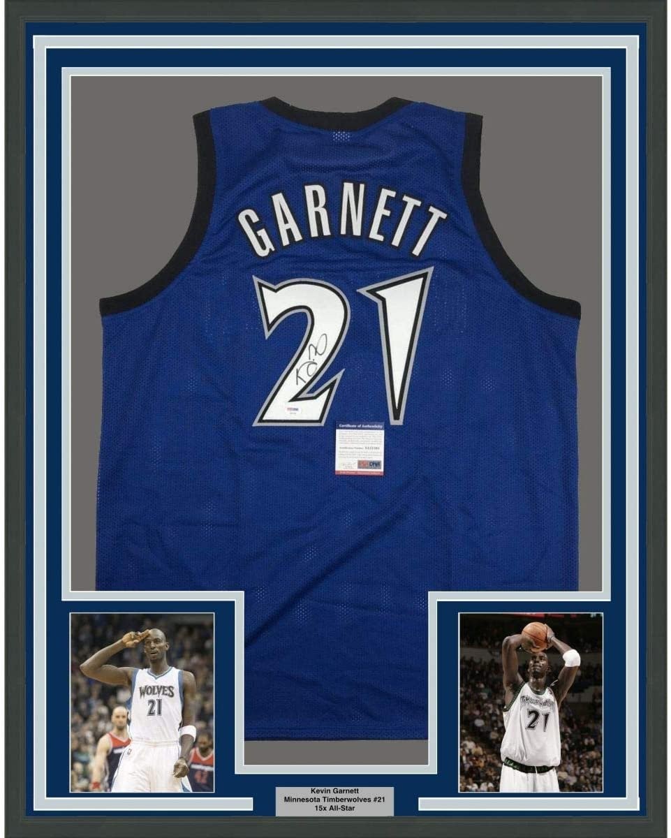 Framed Autographed/Signed Kevin Garnett 35x39 Minnesota Blue Jersey PSA COA