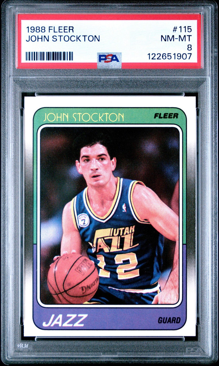 Graded 1988-89 Fleer John Stockton #115 Rookie RC Basketball Card PSA 8