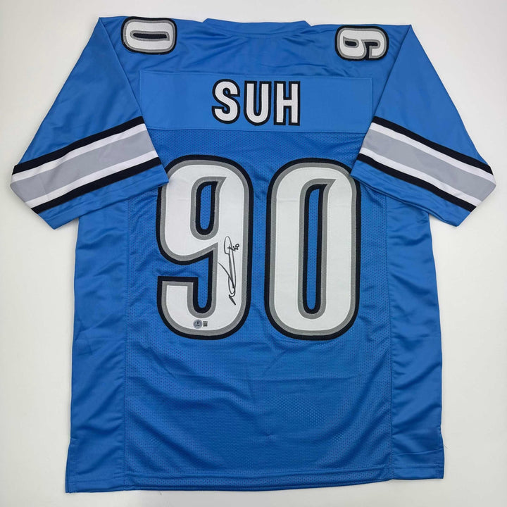 Autographed/Signed Ndamukong Suh Detroit Blue Jersey Beckett BAS COA