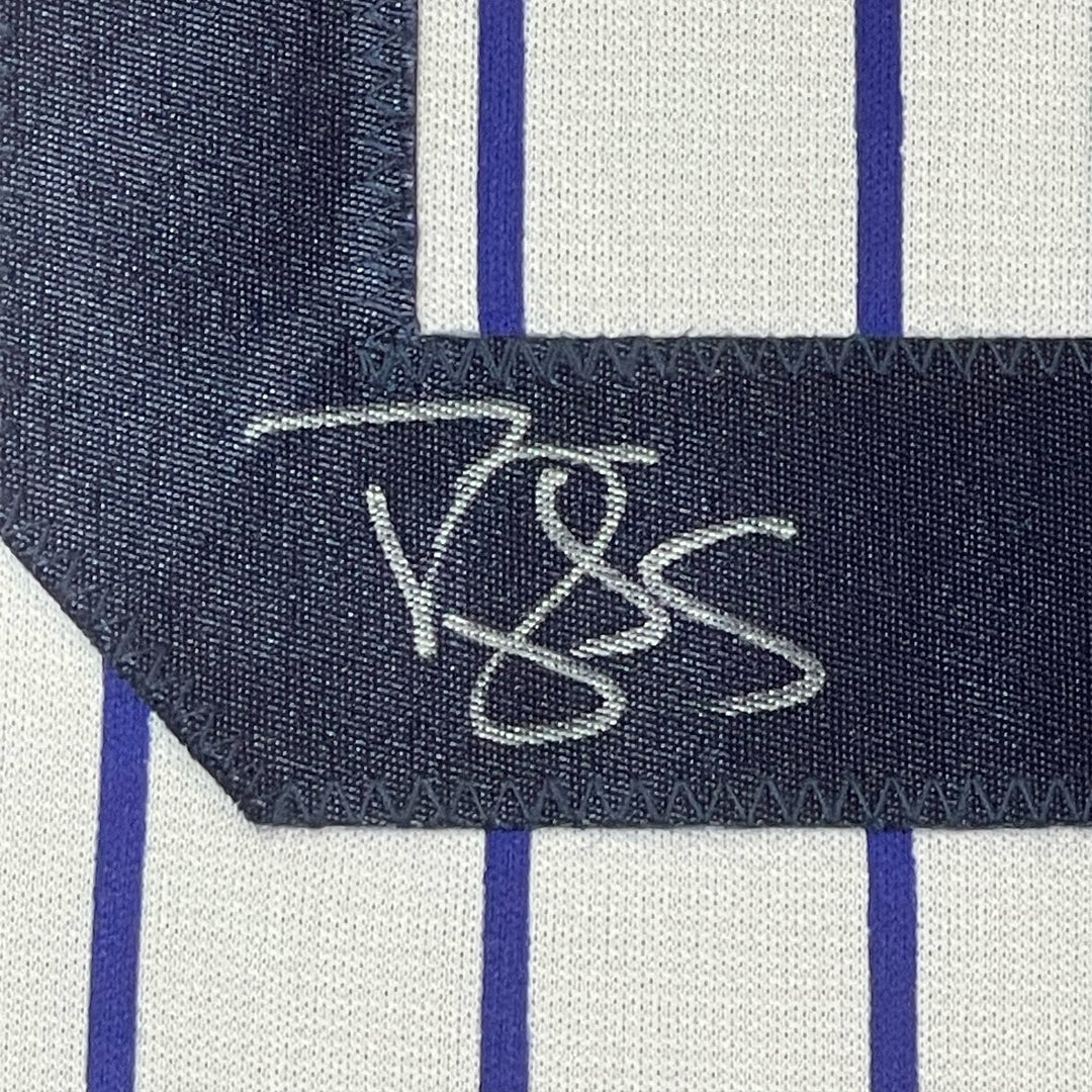 FRAMED Signed DARRYL STRAWBERRY 35x39 NY Pinstripe Jersey JSA COA