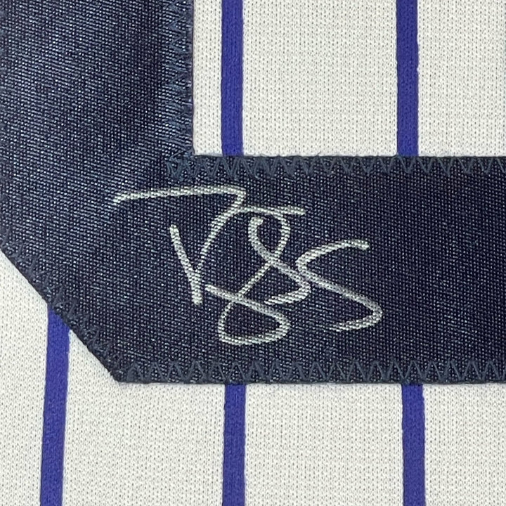 FRAMED Signed DARRYL STRAWBERRY 35x39 NY Pinstripe Jersey JSA COA