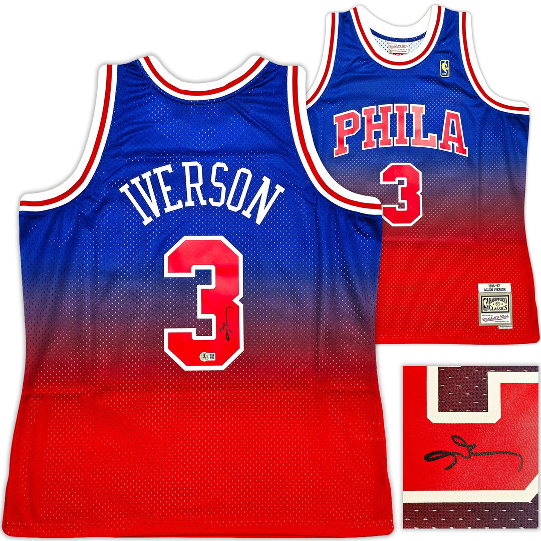 76ers Allen Iverson Auto Red Mitchell Ness 96-97 Swingman Fadeaway Jersey XL BAS