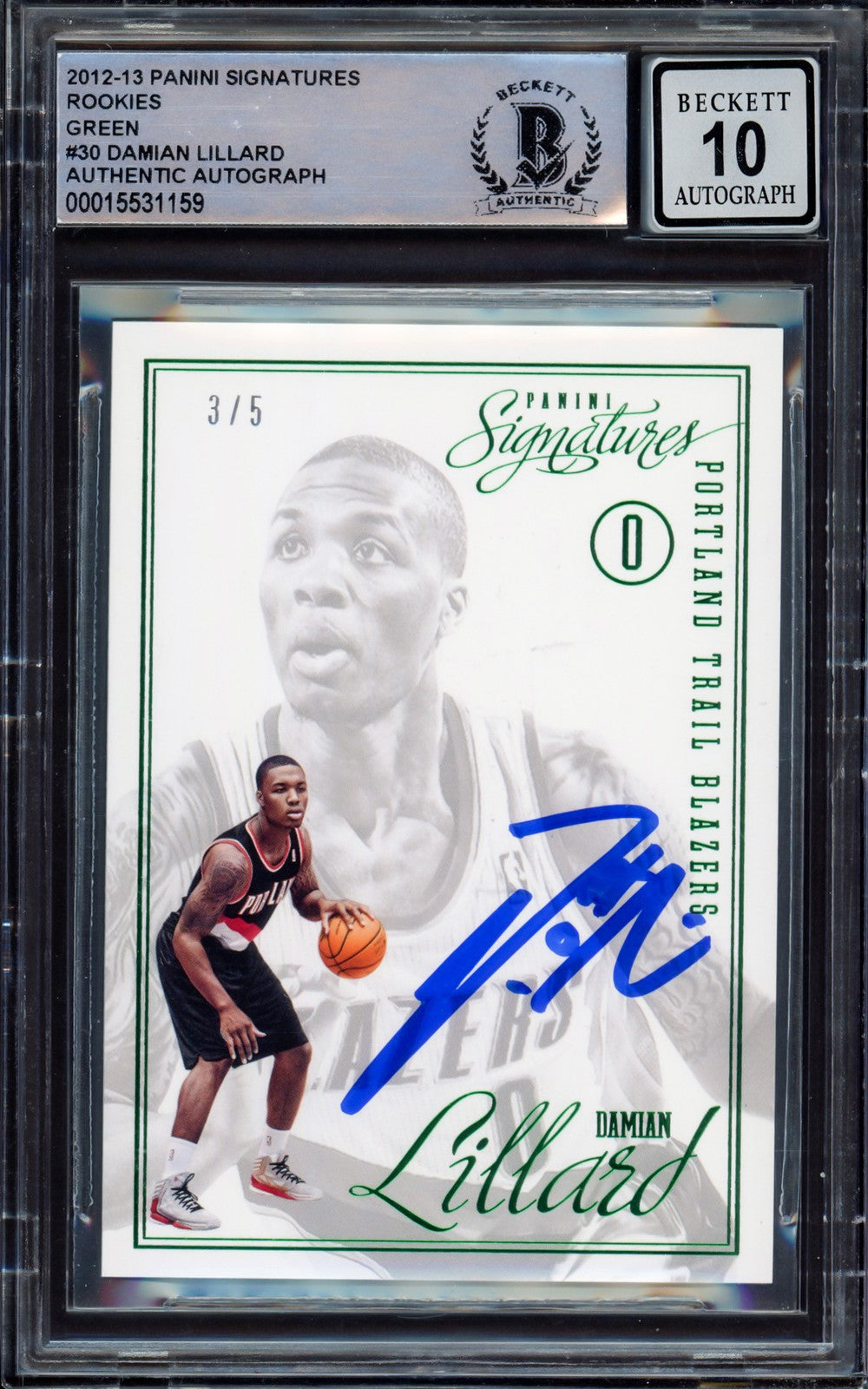 Damian Lillard Auto Signed 2012-13 Panini Sigs Green RC 30 Sig 10 #3/5 Beckett