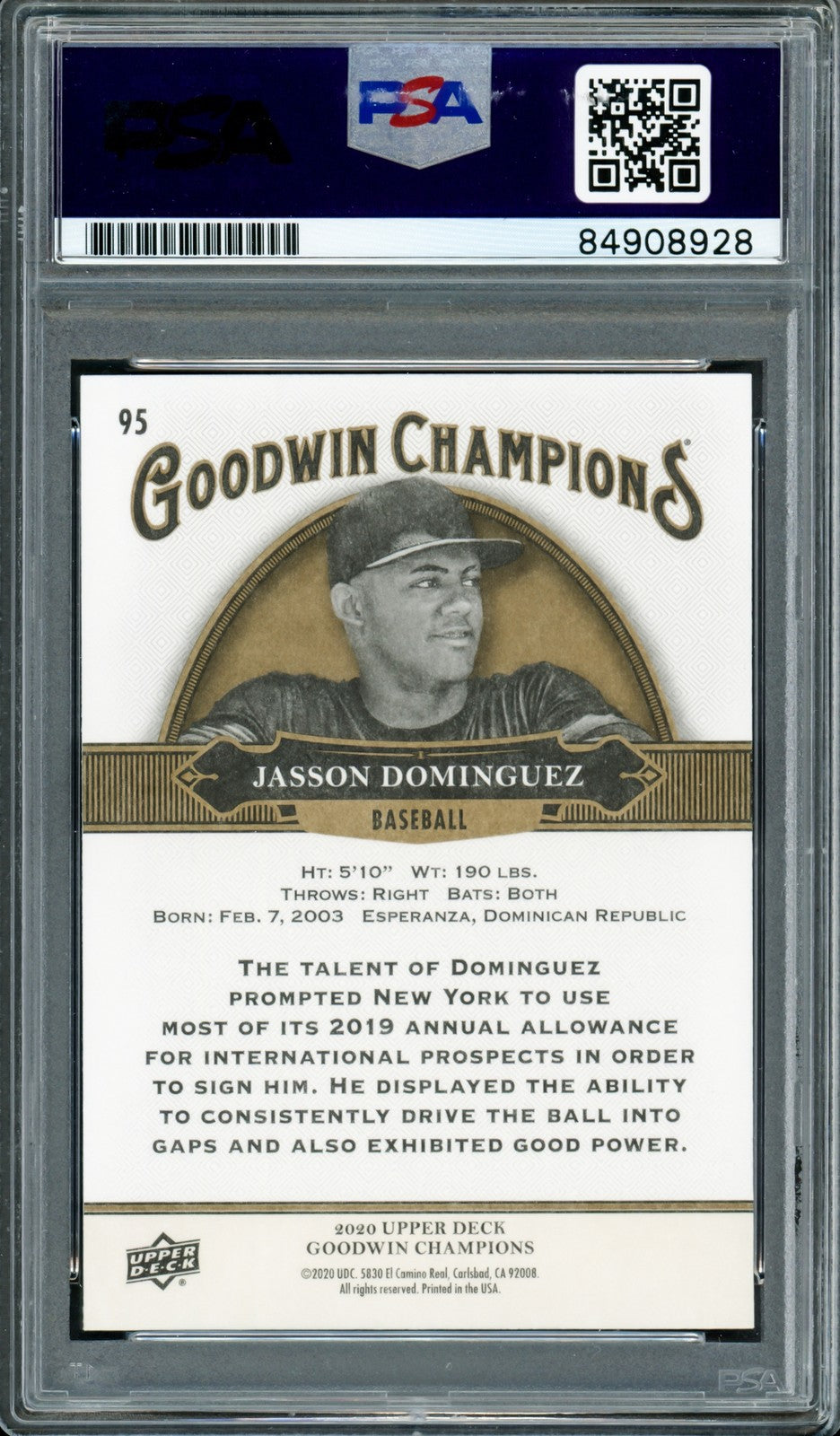 Jasson Dominguez Auto 2020 Upper Deck Goodwin Champions RC 95 Yankees Sig 10 PSA