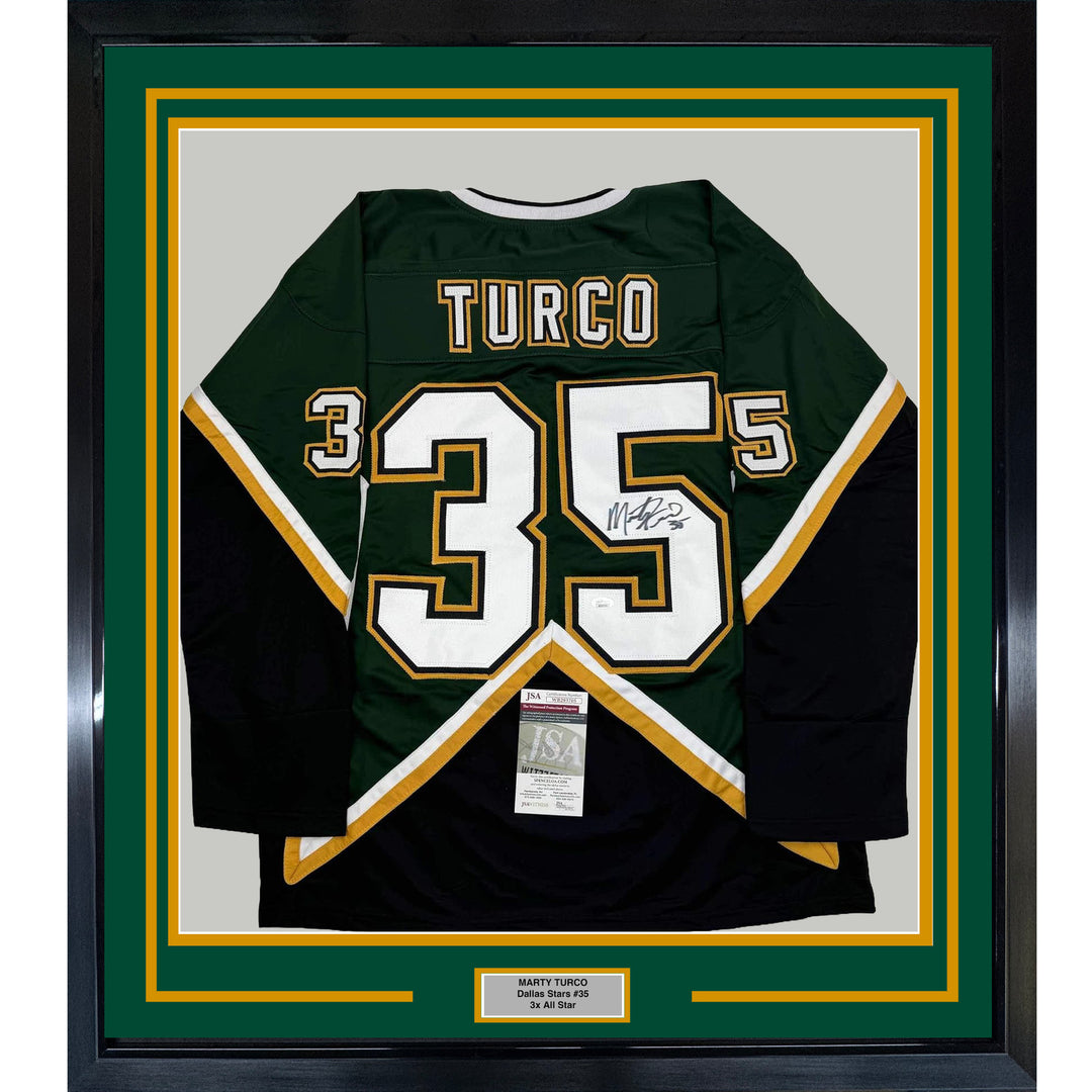 Framed Autographed/Signed Marty Turco 35x39 Dallas Green Hockey Jersey JSA COA