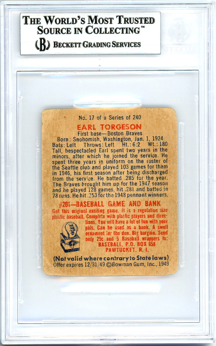 Earl Torgeson Signed 1949 Bowman RC 17 Boston Braves Beckett #10736543