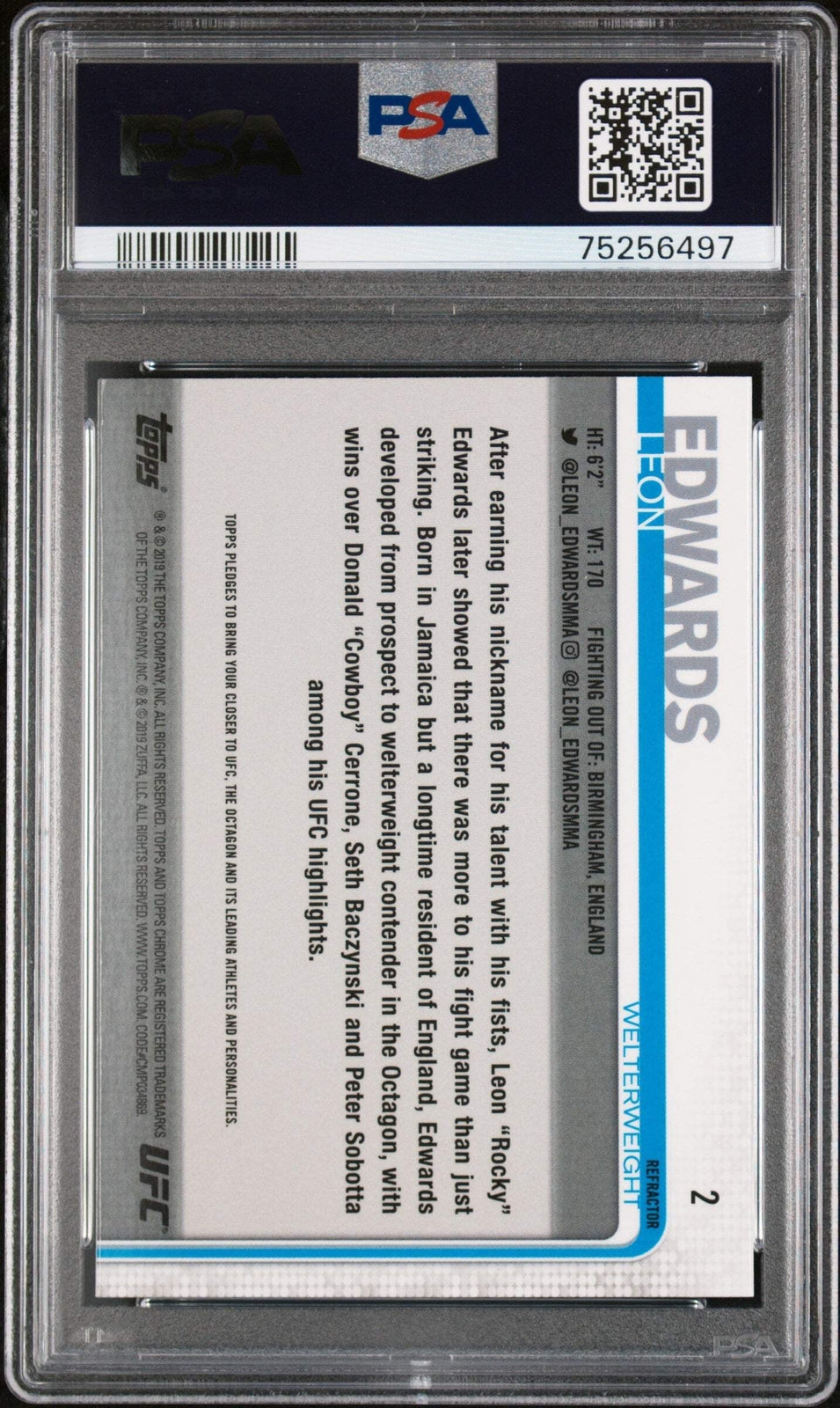 Graded 2019 Topps UFC Chrome Leon Edwards #2 Refractor RC UFC MMA Card PSA 10
