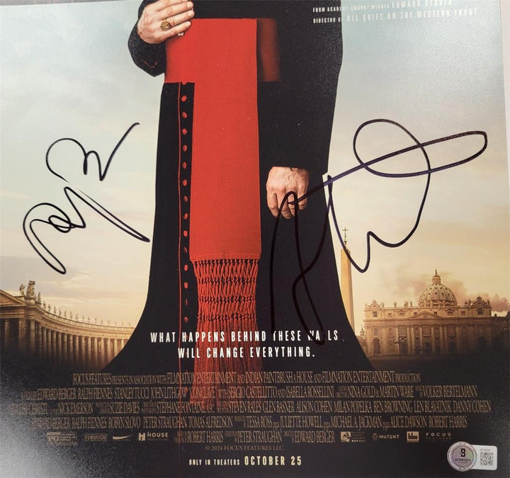 Conclave Cast (3) signed 12x18 photo poster Fiennes Tucci Lithgow A~ Beckett BAS