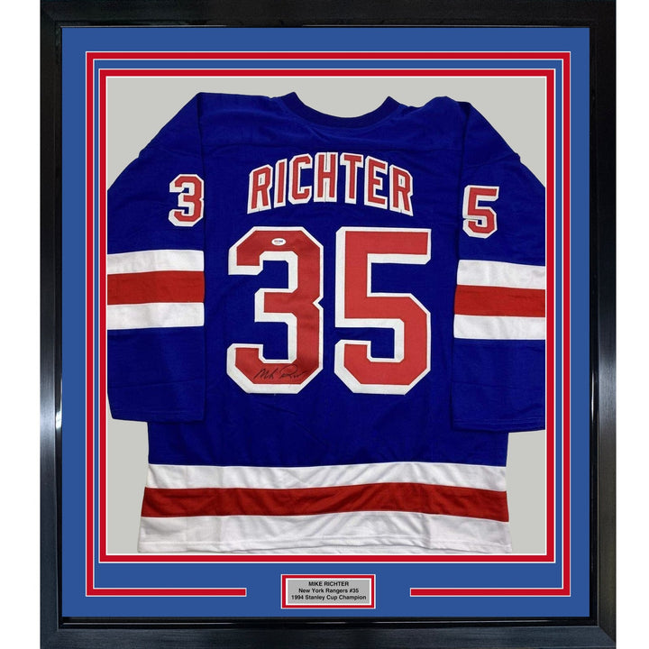 FRAMED Autographed/Signed MIKE RICHTER 33x42 New York Blue Jersey PSA COA