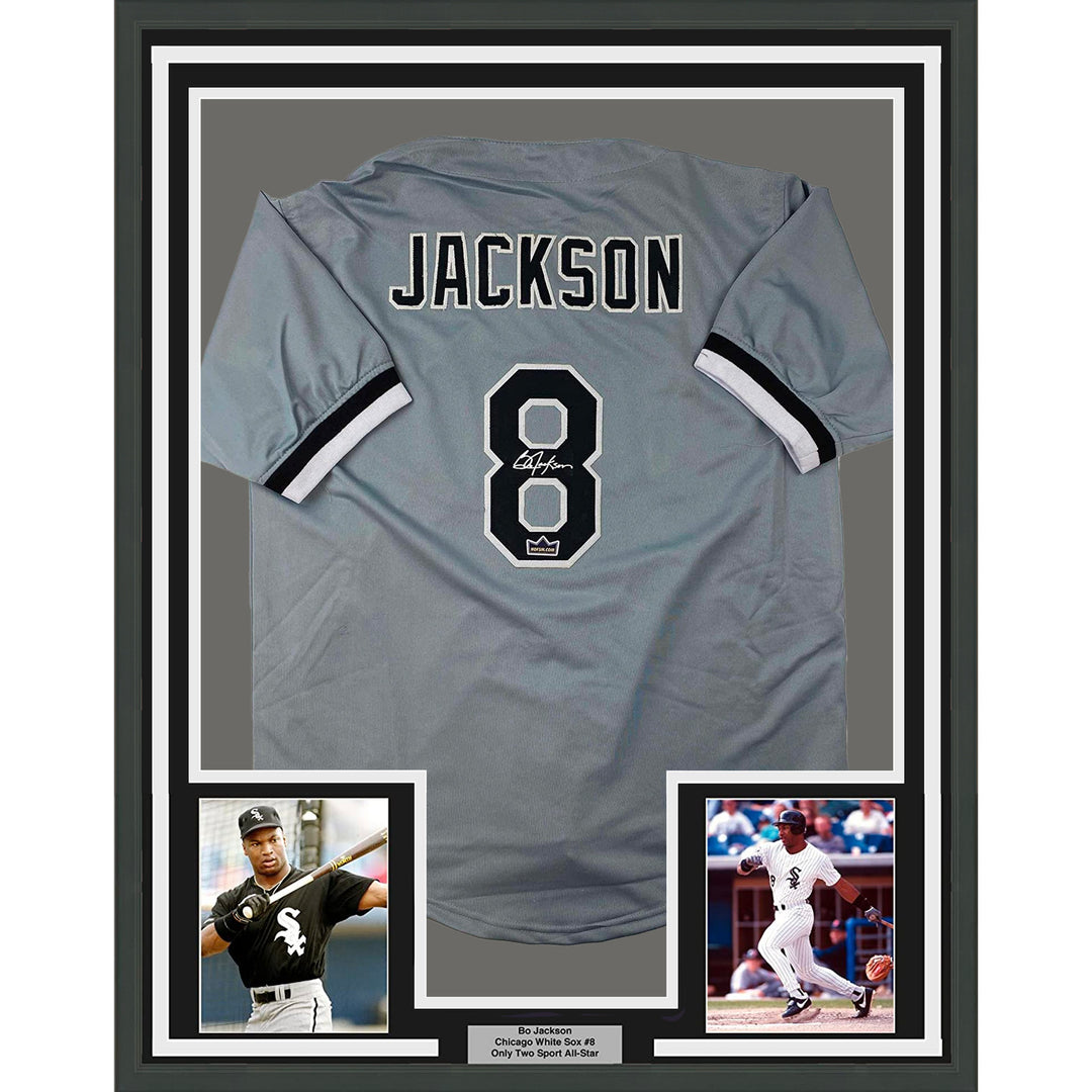 Framed Facsimile Autographed Bo Jackson 33x42 Grey Reprint Laser Auto Jersey