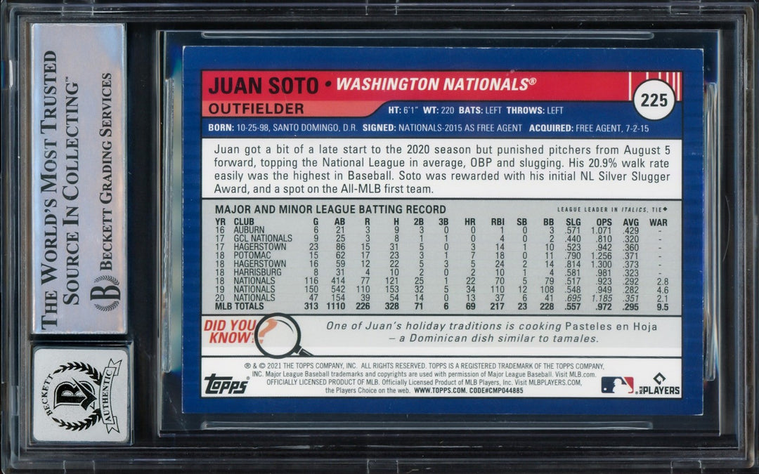 Juan Soto 2021 Topps Big League #225 Mets Auto Signed Trading Card Beckett BAS